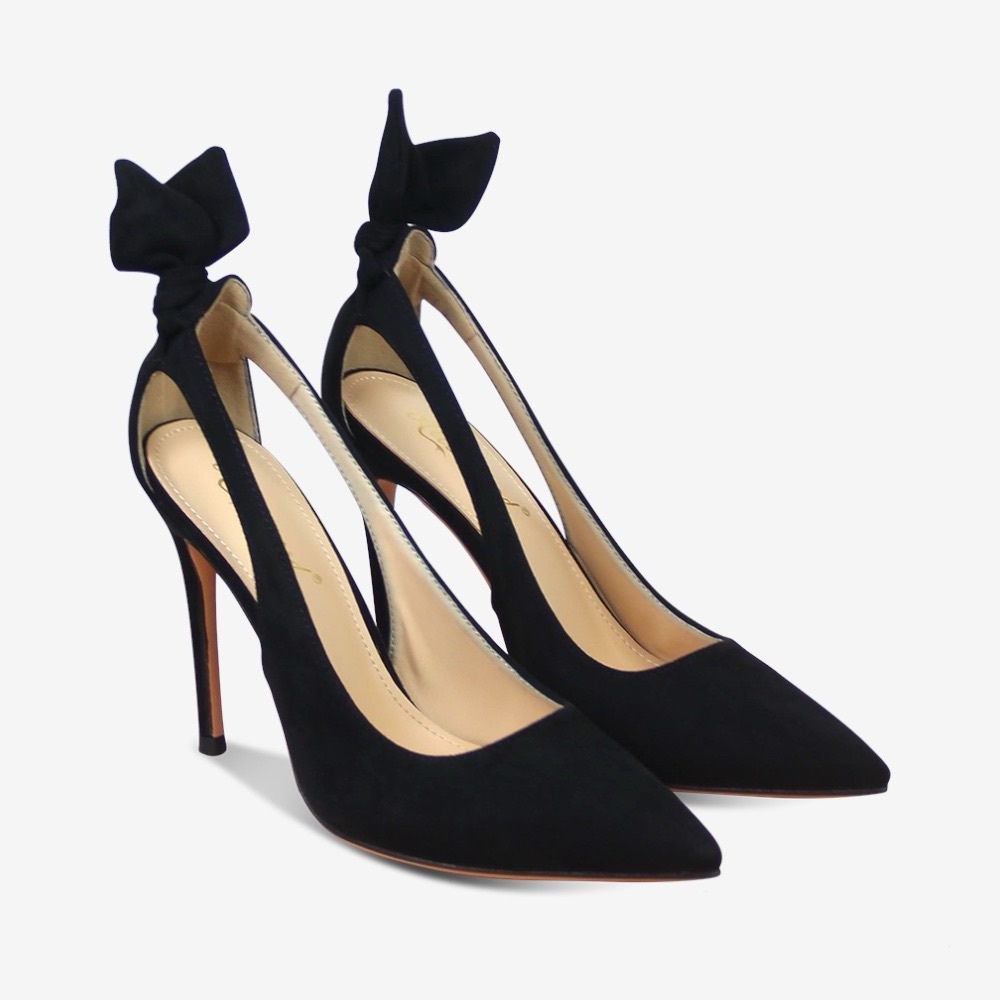 Women’s Bow Tie Stiletto High Heeled Pointed Toe Pumps in Black Faux Suede